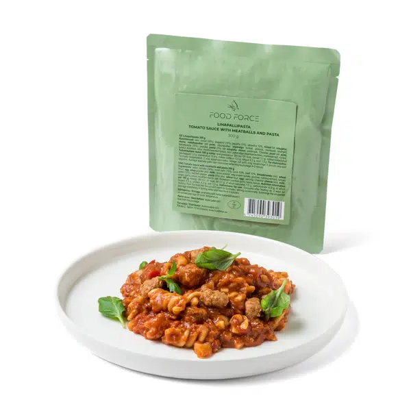 Food Force Tomato sauce with meatballs and pasta. færdigret